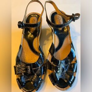 Clarks Artisan Black open toe Cork Wedge Sandal Size 10